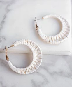 Fame Accessories Ivory Woven Raffia Saddleback Hoop Earrings