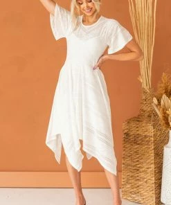 SugarFox Ivory Handkerchief Hem Lace Knit Midi Dress Dresses