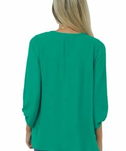 Cotton Bleu Jade Bubble Sleeve V Neck Crinkle Blouse