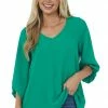Cotton Bleu Jade Bubble Sleeve V Neck Crinkle Blouse