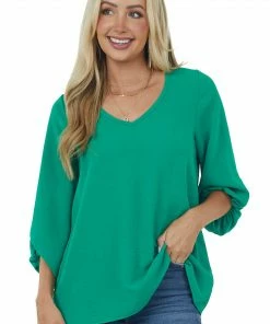 Cotton Bleu Jade Bubble Sleeve V Neck Crinkle Blouse