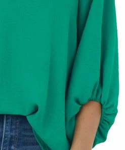 Cotton Bleu Jade Bubble Sleeve V Neck Crinkle Blouse