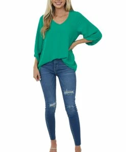 Cotton Bleu Jade Bubble Sleeve V Neck Crinkle Blouse