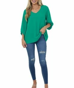 Cotton Bleu Jade Bubble Sleeve V Neck Crinkle Blouse