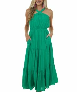 Allie Rose Jade Elastic Halter Neck Tiered Maxi Dress Dresses