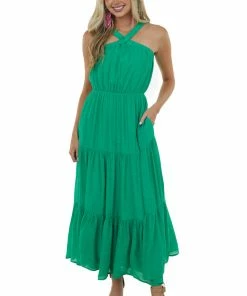 Allie Rose Jade Elastic Halter Neck Tiered Maxi Dress Dresses