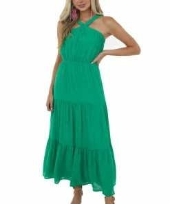 Allie Rose Jade Elastic Halter Neck Tiered Maxi Dress Dresses
