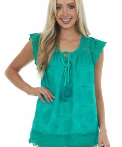 Davi & Dani Jade Embroidered Eyelet Sleeve Tassel Blouse Tops 12 Davi & Dani Jade Embroidered Eyelet Sleeve Tassel Blouse Tops