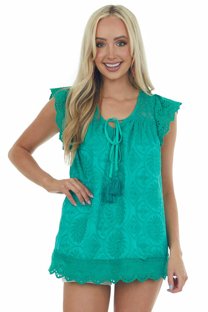 Davi & Dani Jade Embroidered Eyelet Sleeve Tassel Blouse Tops 5 Davi & Dani Jade Embroidered Eyelet Sleeve Tassel Blouse Tops