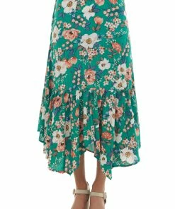 Umgee Bottoms Jade Floral Asymmetrical Ruffle Hem Midi Skirt