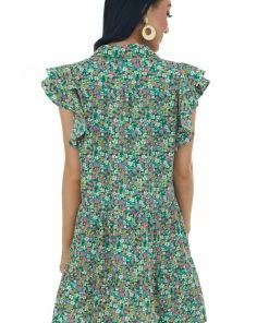 Umgee Dresses Jade Floral Collared Ruffle Sleeve Short Dress
