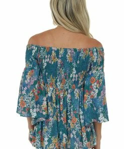 ANGIE Jade Floral Off Shoulder Flare Sleeve Top Tops