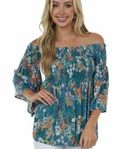 ANGIE Jade Floral Off Shoulder Flare Sleeve Top Tops