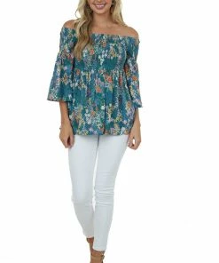 ANGIE Jade Floral Off Shoulder Flare Sleeve Top Tops
