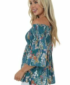 ANGIE Jade Floral Off Shoulder Flare Sleeve Top Tops