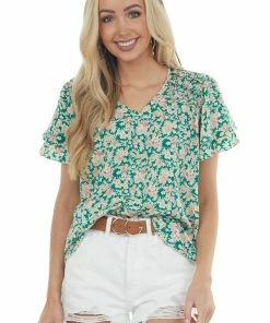 Hailey & Co Jade Floral Print V Neck Flutter Sleeve Blouse