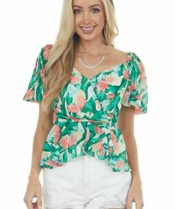 Flying Tomato Jade Floral Ruffle Surplice Peplum Top Tops
