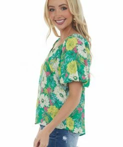 Flying Tomato Tops Jade Floral Short Puff Sleeve Woven Top
