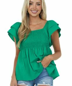 Umgee Jade Green Babydoll Smocked Ruffle Sleeve Top