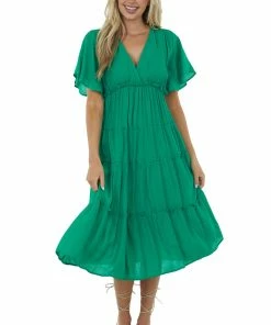 Umgee Jade Green Plunge Neck Tiered Midi Dress