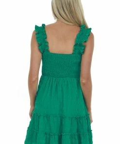 Lime Lush Jade Green Smocked Ruffle Strap Tiered Dress