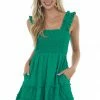 Lime Lush Jade Green Smocked Ruffle Strap Tiered Dress