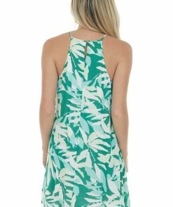Andree Dresses Jade Leaf Print Halter Neck Short Dress