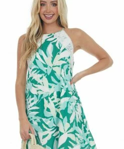 Andree Dresses Jade Leaf Print Halter Neck Short Dress