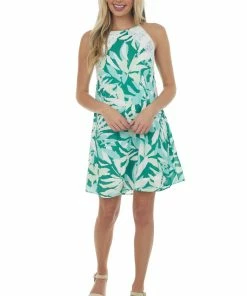 Andree Dresses Jade Leaf Print Halter Neck Short Dress