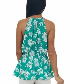 Staccato Tops Jade Leaf Print Surplice Keyhole Peplum Top