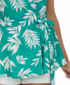 Staccato Tops Jade Leaf Print Surplice Keyhole Peplum Top