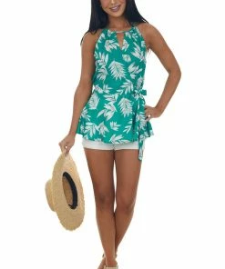 Staccato Tops Jade Leaf Print Surplice Keyhole Peplum Top