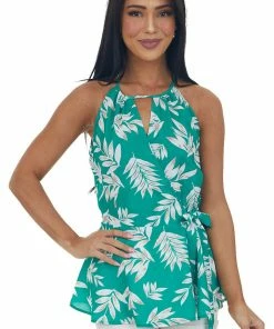 Staccato Tops Jade Leaf Print Surplice Keyhole Peplum Top