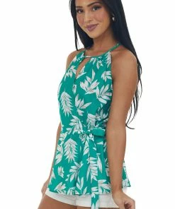 Staccato Tops Jade Leaf Print Surplice Keyhole Peplum Top