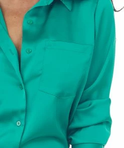 Skies Are Blue Jade Long Sleeve Button Down Satin Blouse Tops