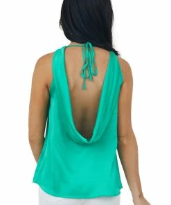 She + Sky Jade Open Cowl Back Sleeveless Satin Blouse
