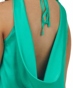 She + Sky Jade Open Cowl Back Sleeveless Satin Blouse