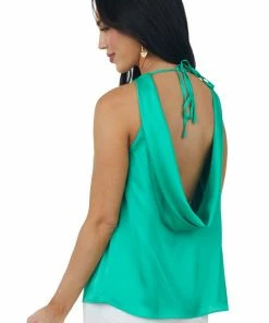 She + Sky Jade Open Cowl Back Sleeveless Satin Blouse
