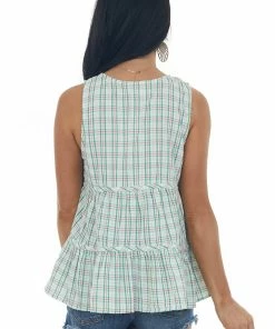 Very J Jade Plaid Button Up V Neck Tiered Tank Top Tops