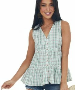 Very J Jade Plaid Button Up V Neck Tiered Tank Top Tops