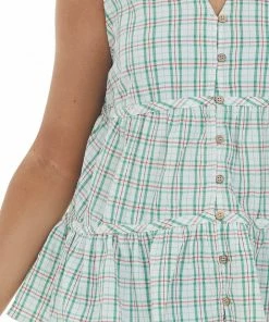 Very J Jade Plaid Button Up V Neck Tiered Tank Top Tops