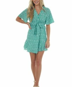 Very J Dresses Jade Printed Flutter Sleeve Button Dress
