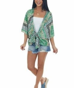 CY Fashion Jade Printed Half Sleeve Open Front Kimono