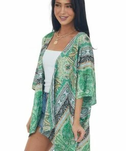 CY Fashion Jade Printed Half Sleeve Open Front Kimono