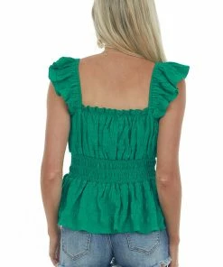 Lime Lush Jade Ruffle Strap Smocked Peplum Blouse Tops