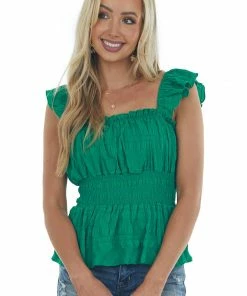 Lime Lush Jade Ruffle Strap Smocked Peplum Blouse Tops