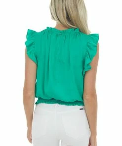 Glam Jade Smocked Waist Ruffle Sleeve Blouse Tops