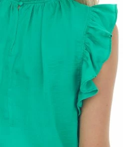Glam Jade Smocked Waist Ruffle Sleeve Blouse Tops