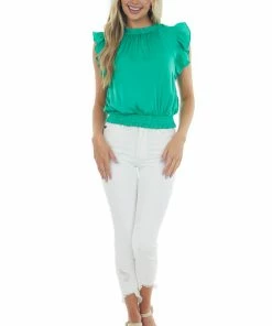 Glam Jade Smocked Waist Ruffle Sleeve Blouse Tops