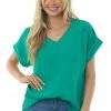 Cotton Bleu Jade Swiss Dot Short Sleeve V Neck Top